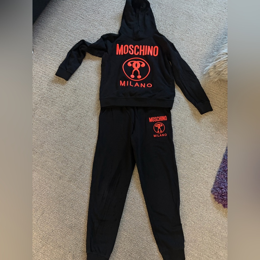 Moschino Kids Black Sweatpants with neon orange Milano Logo